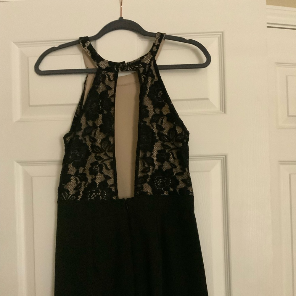 Black, mid-thigh date night skort, lace from waist up.